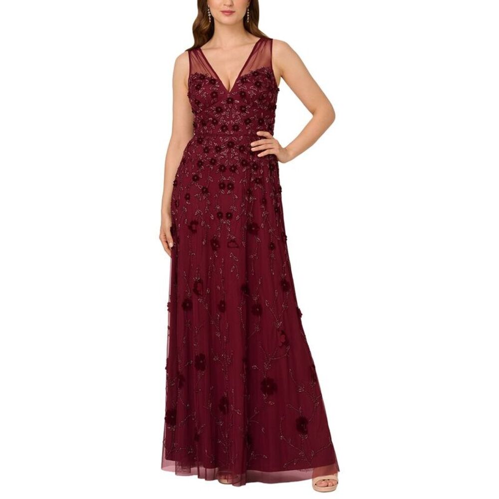 Adrianna Papell Womens  Beaded Mesh Illusion Gown